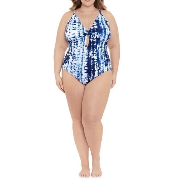 NWT Sz 22 Time Tru tie dye one piece swimsuit, blue, lined, w bust pads. - Picture 1 of 11